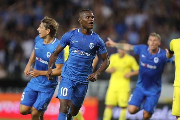 Genk s Aly Mbwana Samatta celebrates after scoring during a soccer game between Belgian team KRC Genk and Danish club Brondby IF, Thursday 23 August 2018 in Genk, the first leg of the play off for the UEFA Europa League competition. BRUNOxFAHY  x05411645x