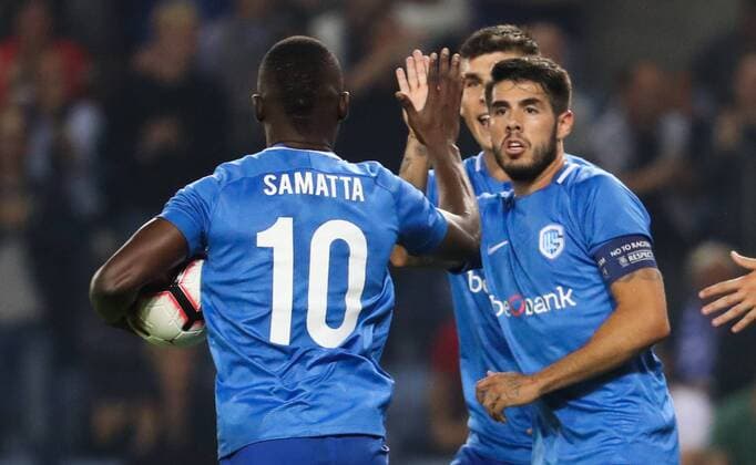 Genk s Aly Mbwana Samatta celebrates after scoring during a soccer game between Belgian team KRC Genk and Danish club Brondby IF, Thursday 23 August 2018 in Genk, the first leg of the play off for the UEFA Europa League competition. VIRGINIExLEFOUR  x05411737x
