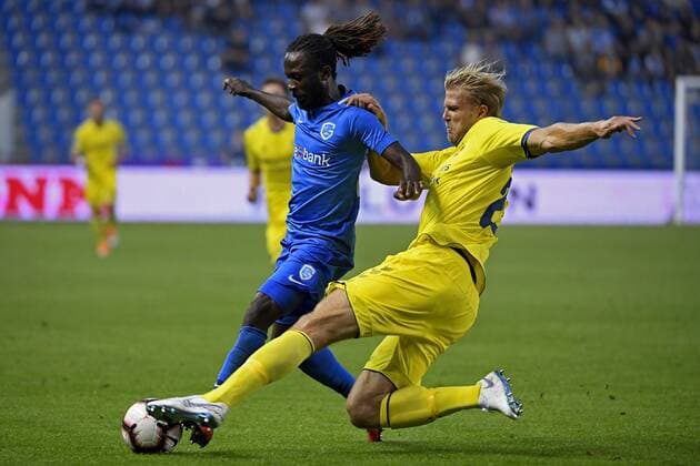 GENK, BELGIUM - AUGUST 23 : Dieumerci Ndongala forward of Genk, Paulus Arajuuri defender of Brondby during the UEFA Europa League Play-Offs 1st Leg match between KRC Genk and Brondby IF on August 23, 2018 in Genk, Belgium, 23 08 2018 ( FOOTBALL : KRC Genk v Brondby IF - UEFA Europa League Play-Offs 1st Leg - 23 08 2018 PHOTONEWS PANORAMIC  775212206