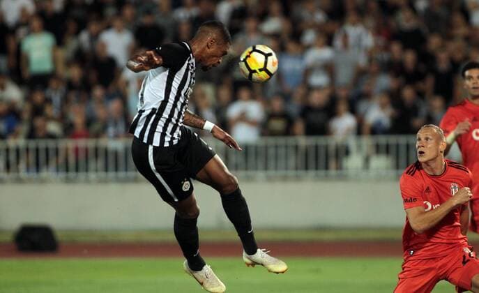 23.08.2018 Belgrade(Serbia) FK Partizan-Besiktas JK play off Europa League men s football Ricardo Gomes(L) FK Partizan scoring first goal on match beside Domagoj Vida(r)Besiktas JK : 