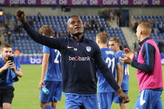 Genk s Aly Mbwana Samatta celebrates after a soccer game between Belgian team KRC Genk and Danish club Brondby IF, Thursday 23 August 2018 in Genk, the first leg of the play off for the UEFA Europa League competition. BRUNOxFAHY  x05411835x
