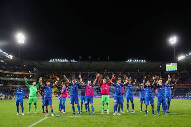 Genk s players celebrate after winning a soccer game between Belgian team KRC Genk and Danish club Brondby IF, Thursday 23 August 2018 in Genk, the first leg of the play off for the UEFA Europa League competition. BRUNOxFAHY  x05411832x