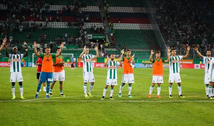 SOCCER - EL, qualification, Rapid vs Steaua VIENNA,AUSTRIA,23.AUG.18 - SOCCER - UEFA Europa League, qualification, play off, SK Rapid Wien vs Steaua Bukarest. Image shows the rejoicing of Rapid. Keywords: Wien Energie. GEPAxpictures xPhilippxBrem