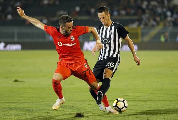 (180824) -- BELGRADE, Aug. 24, 2018 -- Gokhan Gonul (L) of Besiktas vies with Nemanja Miletic of Partizan during the first leg match of UEFA Europa League play-offs in Belgrade, Serbia, Aug. 23, 2018. The match ended in a 1-1 draw. ) (SP)SERBIA-BELGRADE-UEFA EUROPA LEAGUE PLAY-OFF-PARTIZAN VS BESIKTAS PredragxMilosavljevic 