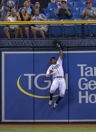August 23, 2018 - St. Petersburg, Florida, U.S. - CHRIS URSO Times.Tampa Bay Rays right fielder Carlos Gomez (27) leaps at the wall to make the catch on a deep fly ball hit by Kansas City Royals catcher Salvador Perez (13) during the third inning Thursday, Aug. 23, 2018 in St. Petersburg. Florida News - August 23, 2018 - ZUMAs70_ 85099694st Copyright: xChrisxUrsox
