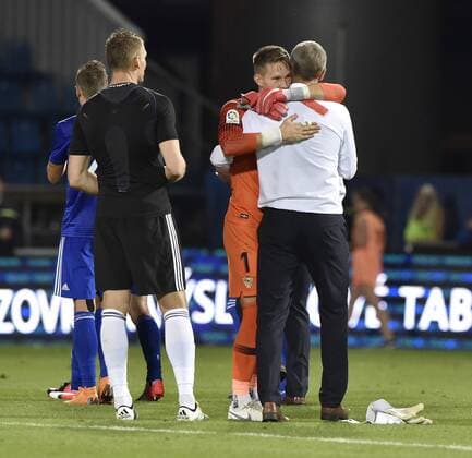 L-R Milos Buchta (Olomouc; black dress), Tomas Vaclik (Sevilla) and Head Coach Vaclav Jilek (Olomouc) are seen after the European League qualification match SK Sigma Olomouc vs Sevilla in Olomouc, Czech Republic, August 23, 2018. (CTKxPhoto LudekxPerina) CTKPhotoP201808230958201  LPE 010