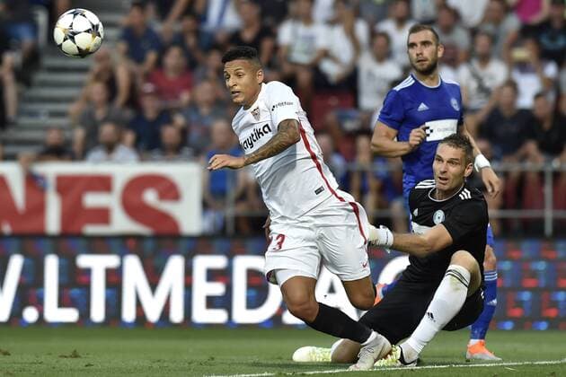 L-R Guilheme Arana (Sevilla), Martin Sladky and Milos Buchta (both Olomouc) in action during the European League qualification match SK Sigma Olomouc vs Sevilla in Olomouc, Czech Republic, August 23, 2018. (CTKxPhoto JaroslavxOzana) CTKPhotoP201808231002501  JAO 17