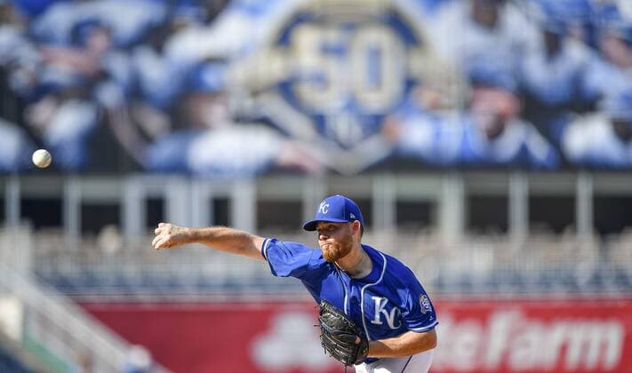August 24, 2018 - Kansas City, MO, USA - Kansas City Royals starting pitcher Ian Kennedy throws a simulated game before action against the Cleveland Indians on Friday, Aug. 24, 2018, at Kauffman Stadium in Kansas City, Mo. Houston at Kansas City - ZUMAm67_ 20180824_zaf_m67_016 Copyright: xJohnxSleezerx