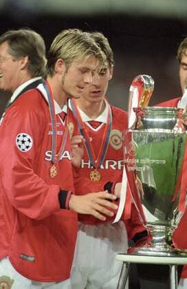 David Beckham im Finale des Europapokals der Landesmeister zwischen Manchester United ManU und dem FC Bayern München am 26.5.1999 in Barcelona David Beckham im Finale des Europapokals der Landesmeister zwischen Manchester United und dem FC Bayern München am 26.5.1999 in Barcelona