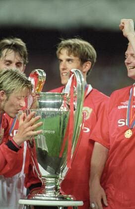 David Beckham im Finale des Europapokals der Landesmeister zwischen Manchester United ManU und dem FC Bayern München am 26.5.1999 in Barcelona David Beckham im Finale des Europapokals der Landesmeister zwischen Manchester United und dem FC Bayern München am 26.5.1999 in Barcelona