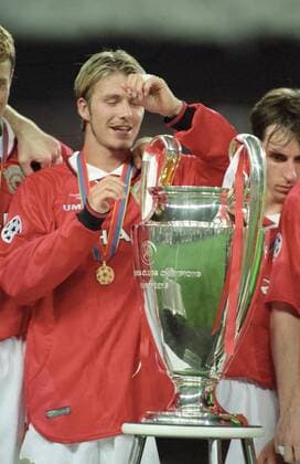 David Beckham im Finale des Europapokals der Landesmeister zwischen Manchester United ManU und dem FC Bayern München am 26.5.1999 in Barcelona David Beckham im Finale des Europapokals der Landesmeister zwischen Manchester United und dem FC Bayern München am 26.5.1999 in Barcelona