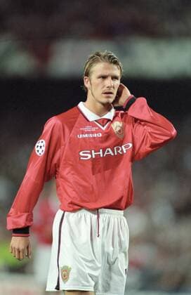 David Beckham im Finale des Europapokals der Landesmeister zwischen Manchester United ManU und dem FC Bayern München am 26.5.1999 in Barcelona David Beckham im Finale des Europapokals der Landesmeister zwischen Manchester United und dem FC Bayern München am 26.5.1999 in Barcelona