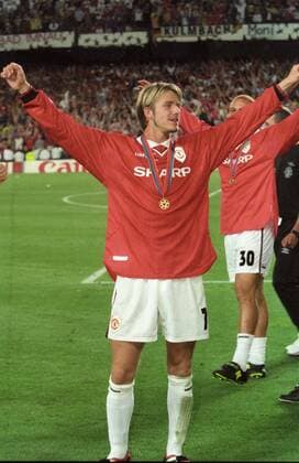 David Beckham im Finale des Europapokals der Landesmeister zwischen Manchester United ManU und dem FC Bayern München am 26.5.1999 in Barcelona David Beckham im Finale des Europapokals der Landesmeister zwischen Manchester United und dem FC Bayern München am 26.5.1999 in Barcelona