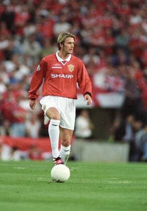 David Beckham im Finale des Europapokals der Landesmeister zwischen Manchester United ManU und dem FC Bayern München am 26.5.1999 in Barcelona David Beckham im Finale des Europapokals der Landesmeister zwischen Manchester United und dem FC Bayern München am 26.5.1999 in Barcelona