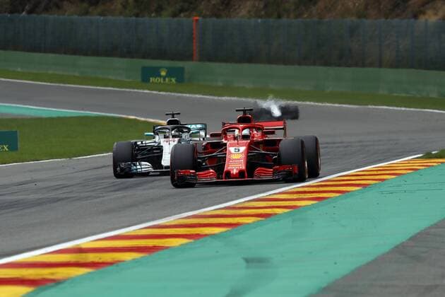Photo4 LaPresse 25 08 2018 Spa - Francorchamps, Belgium Grand Prix Formula One Belgium 2018 In the pic: Sebastian Vettel (GER) Scuderia Ferrari SF71H and Lewis Hamilton (GBR) Mercedes AMG F1 W09 Copyright: xPhoto4 LaPressex