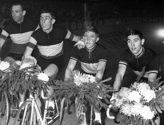 - GENT, BELGIUM (FILE) : This file picture dated 07 November 1965 shows cyclists Rik Van Steenbergen, Patrick Sercu, Noel Van Clooster, Eddy Merckx at Gent Palace. ARCHIVES  x85112464stx