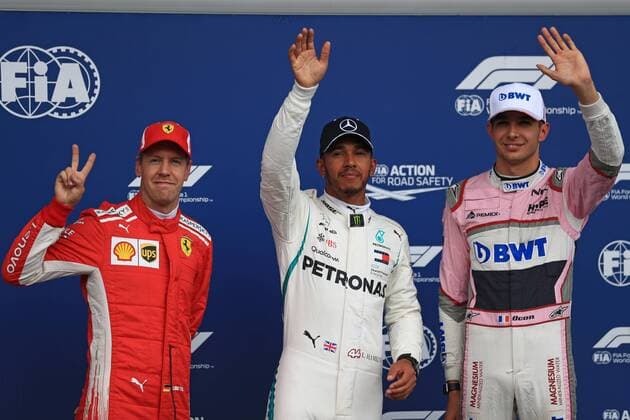 25th August 2018, Circuit de Spa-Francorchamps, Francorchamps, Belgium, Formula One Grand Prix of Belgium, Qualification; Mercedes AMG Petronas Motorsport AMG, Lewis Hamilton takes pole followed by Scuderia Ferrari, Sebastian Vettel and Racing Point Force India, Esteban Ocon  ActionPlus12057991 Octane