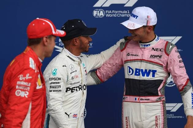 25th August 2018, Circuit de Spa-Francorchamps, Francorchamps, Belgium, Formula One Grand Prix of Belgium, Qualification; Mercedes AMG Petronas Motorsport AMG, Lewis Hamilton takes pole followed by Scuderia Ferrari, Sebastian Vettel and Racing Point Force India, Esteban Ocon  ActionPlus12057993 Octane