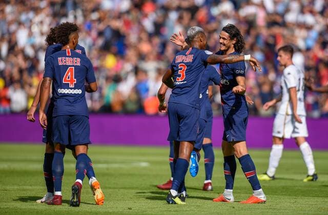 But de Edinson Cavani ( PSG ) - Joie de Presnel Kimpembe ( PSG ) FOOTBALL : Paris Saint Germain vs Angers SCO - Ligue 1 - Paris - 25 08 2018 FedericoPestellini Panoramic 