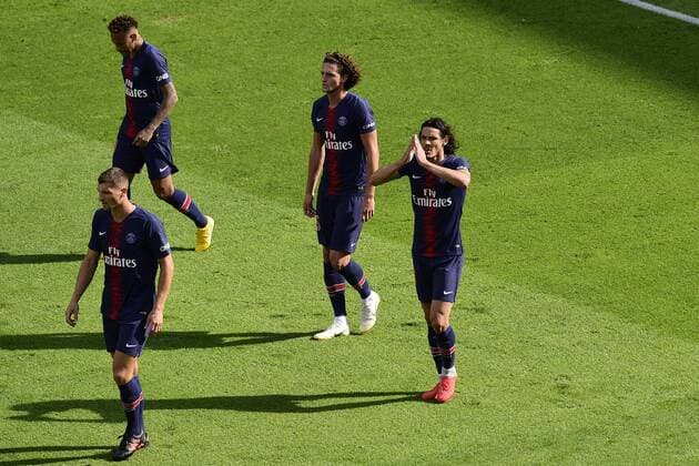 joie des joueurs du PSG apres le but de CAVANI Edinson (PSG) FOOTBALL : PSG vs Angers - Conforama L1 - 25 08 2018 JBAutissier Panoramic 