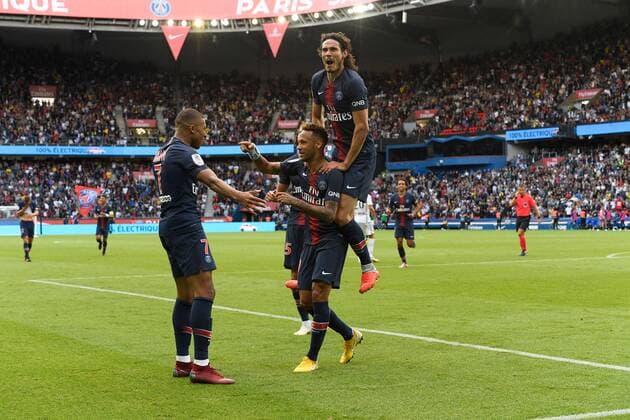 10 NEYMAR JR (PSG) - 09 EDINSON CAVANI (PSG) - 07 KYLIAN MBAPPE (PSG) - JOIE FOOTBALL : Paris SG vs Angers - Ligue 1 Conforama - 25 08 2018 FEP Panoramic 
