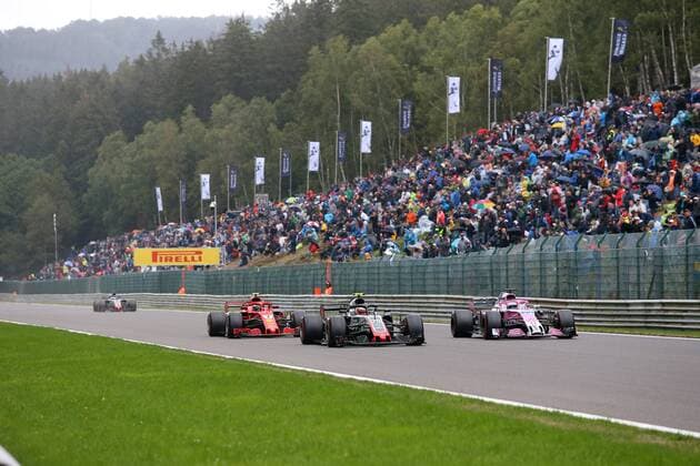 Photo4 LaPresse 25 08 2018 Spa - Francorchamps, Belgium Grand Prix Formula One Belgium 2018 In the pic: Sergio Perez (MEX) Racing Point Force India F1 VJM11, Kevin Magnussen (DEN) Haas F1 Team VF-18 , Kimi Raikkonen (FIN) Scuderia Ferrari SF71H Copyright: xPhoto4 LaPressex