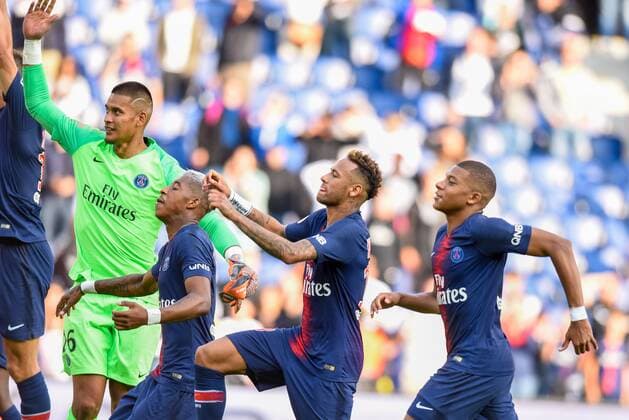 Alphonse Areola ( PSG ) - Presnel Kimpembe ( PSG ) - Neymar Jr ( PSG ) - Kylian Mbappe ( PSG ) FOOTBALL : Paris Saint Germain vs Angers SCO - Ligue 1 - Paris - 25 08 2018 FedericoPestellini Panoramic 