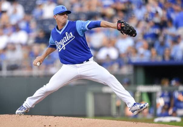 August 25, 2018 - Kansas City, MO, USA - Kansas City Royals starting pitcher Heath Fillmyer pitches in the first inning against the Cleveland Indians on Saturday, Aug. 25, 2018 at Kauffman Stadium in Kansas City, Mo. Cleveland Indians vs. Kansas City Royals - ZUMAm67_ 20180825_zaf_m67_017 Copyright: xJohnxSleezerx