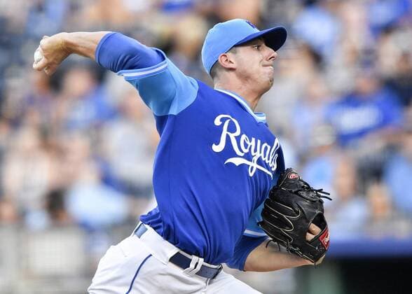 August 25, 2018 - Kansas City, MO, USA - Kansas City Royals starting pitcher Heath Fillmyer pitches in the first inning against the Cleveland Indians on Saturday, Aug. 25, 2018 at Kauffman Stadium in Kansas City, Mo. Cleveland Indians vs. Kansas City Royals - ZUMAm67_ 20180825_zaf_m67_018 Copyright: xJohnxSleezerx