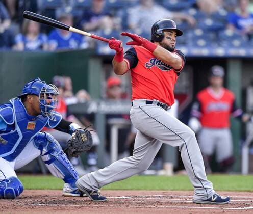 August 25, 2018 - Kansas City, MO, USA - Cleveland Indians Melky Cabrera follows through on a double in the second inning against the Kansas City Royals on Saturday, Aug. 25, 2018 at Kauffman Stadium in Kansas City, Mo. Cleveland Indians vs. Kansas City Royals - ZUMAm67_ 20180825_zaf_m67_020 Copyright: xJohnxSleezerx