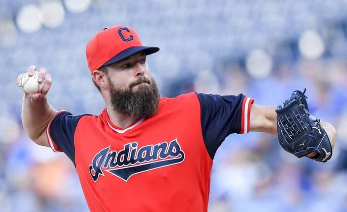 August 25, 2018 - Kansas City, MO, USA - Cleveland Indians starting pitcher Corey Kluber pitches in the first inningagainst the Kansas City Royals on Saturday, Aug. 25, 2018 at Kauffman Stadium in Kansas City, Mo. Cleveland Indians vs. Kansas City Royals - ZUMAm67_ 20180825_zaf_m67_022 Copyright: xJohnxSleezerx