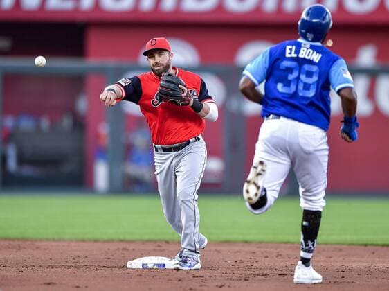 August 25, 2018 - Kansas City, MO, USA - Cleveland Indians second baseman Jason Kipnis forces out Kansas City Royals Jorge Bonifacio before completing the double play on Hunter Dozier to end the second inning on Saturday, Aug. 25, 2018 at Kauffman Stadium in Kansas City, Mo. Cleveland Indians vs. Kansas City Royals - ZUMAm67_ 20180825_zaf_m67_024 Copyright: xJohnxSleezerx