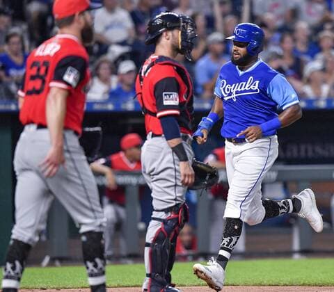 August 25, 2018 - Kansas City, MO, USA - Kansas City Royals Jorge Bonifacio scores in front of Cleveland Indians catcher Yan Gomes and starting pitcher Corey Kluber on a single by Hunter Dozier in the sixth inning on Saturday, Aug. 25, 2018 at Kauffman Stadium in Kansas City, Mo. Cleveland Indians vs. Kansas City Royals - ZUMAm67_ 20180825_zaf_m67_064 Copyright: xJohnxSleezerx