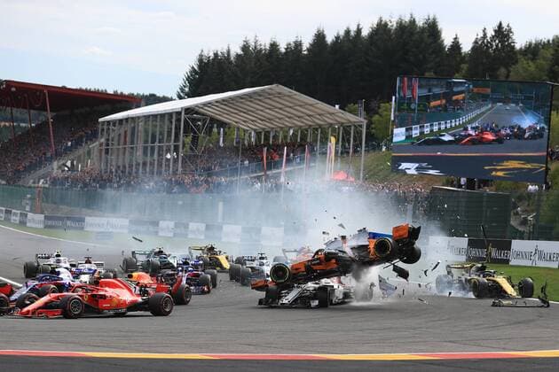 26th August 2018, Circuit de Spa-Francorchamps, Francorchamps, Belgium, Formula One Grand Prix of Belgium, Race Day; McLaren, Fernando Alonso gets air airborne during first corner crash forcing Renault F1 Team, Nico Hulkenberg and Alfa Romeo Sauber F1 Team, Charles Leclerc to retire  ActionPlus12058485 Octane