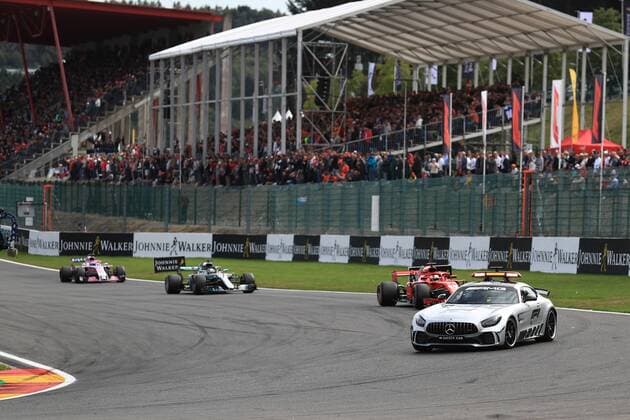 26th August 2018, Circuit de Spa-Francorchamps, Francorchamps, Belgium, Formula One Grand Prix of Belgium, Race Day; Scuderia Ferrari, Sebastian Vettel leads under safety car  ActionPlus12058492 Octane