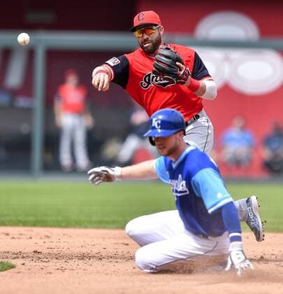 August 26, 2018 - Kansas City, MO, USA - Cleveland Indians second baseman Jason Kipnis forces out Kansas City Royals Brett Phillips at second and completes the double play on Drew Butera in the fifth inning on Sunday, Aug. 26, 2018, at Kauffman Stadium in Kansas City, Mo. Cleveland at Kansas City - ZUMAm67_ 20180826_zaf_m67_007 Copyright: xJohnxSleezerx