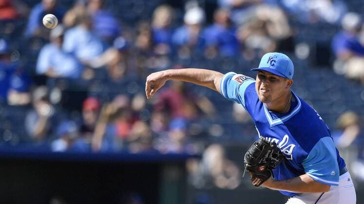 August 26, 2018 - Kansas City, MO, USA - Kansas City Royals relief pitcher Jake Newberry throws in the eighth inning against the Cleveland Indians on Sunday, Aug. 26, 2018, at Kauffman Stadium in Kansas City, Mo. The Indians won, 12-5. Cleveland at Kansas City - ZUMAm67_ 20180826_zaf_m67_023 Copyright: xJohnxSleezerx