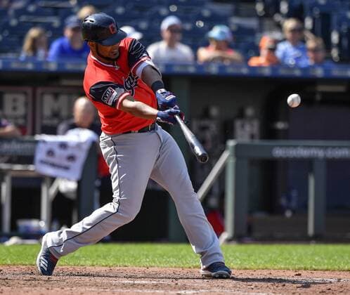 August 26, 2018 - Kansas City, MO, USA - The Cleveland Indians Edwin Encarnacion connects on a two-run home run in the eighth inning against the Kansas City Royals on Sunday, Aug. 26, 2018, at Kauffman Stadium in Kansas City, Mo. The Indians won, 12-5. Cleveland at Kansas City - ZUMAm67_ 20180826_zaf_m67_022 Copyright: xJohnxSleezerx