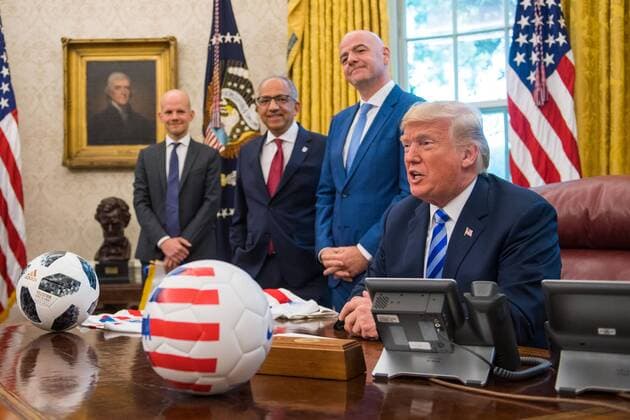 President Donald Trump speaks to the media as he meets with President of FIFA Gianni Infantino, U.S. Soccer President Carlos Cordeiro and FIFA Advisor Mattias Grafstrom, in the Oval Office at the White House in Washington, D.C. on August 28, 2018.  WAP20180828307 KEVINxDIETSCH