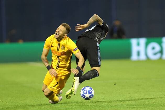 Zagreb, 28 08 2018 - Stadion Maksimir, UEFA Champions League - 2018 19, GNK Dinamo (blue) - BSC Young Boys (yellow) 1:2, Petar Stojanovic (30) vs Miralem Sulejmani (7) 
