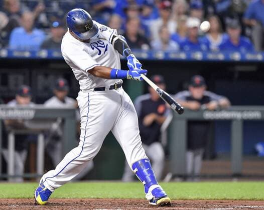 August 28, 2018 - Kansas City, MO, USA - The Kansas City Royals Salvador Perez connects on a single in the third inning against the Detroit Tigers at Kauffman Stadium in Kansas City, Mo., on Tuesday, Aug. 28, 2018. Detroit at Kansas City - ZUMAm67_ 20180828_zaf_m67_037 Copyright: xJohnxSleezerx