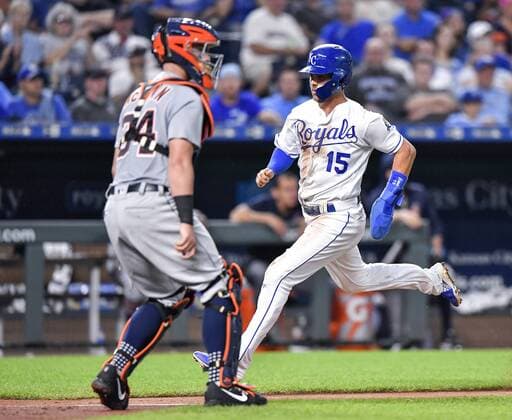 August 28, 2018 - Kansas City, MO, USA - The Kansas City Royals Whit Merrifield (15) scores past Detroit Tigers catcher James McCann on a sacrifice fly by Jorge Bonifacio in the third inning at Kauffman Stadium in Kansas City, Mo., on Tuesday, Aug. 28, 2018. Detroit at Kansas City - ZUMAm67_ 20180828_zaf_m67_029 Copyright: xJohnxSleezerx