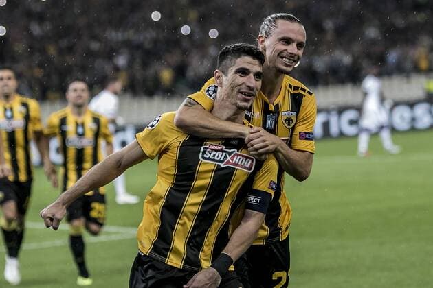 (180829) -- ATHENS, Aug. 29, 2018 -- AEK s Petros Mantalos (L) celebrates with his teammates after scoring during the Champions League Play-Off leg 2 soccer match between AEK Athens and MOL Vidi FC at Olympic Stadium in Athens, Greece, on Aug. 28, 2018. ) (SP)GREECE-ATHENS-SOCCER-CHAMPIONS LEAGUE-AEK ATHENS VS MOL VIDI FC PanagiotisxMoschandreou 