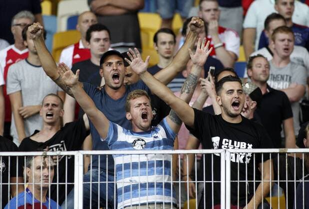 August 28, 2018 - Ajax fans react during the UEFA Champions League play off, second leg soccer match between Ajax and Dynamo Kyiv in Kyiv, Ukraine, 28 August 2018 UEFA Soccer 2018: Ajax 0:0 Dynamo Kyiv - ZUMAs334 20180828_zap_s334_003 Copyright: xAnatoliixStepanovx