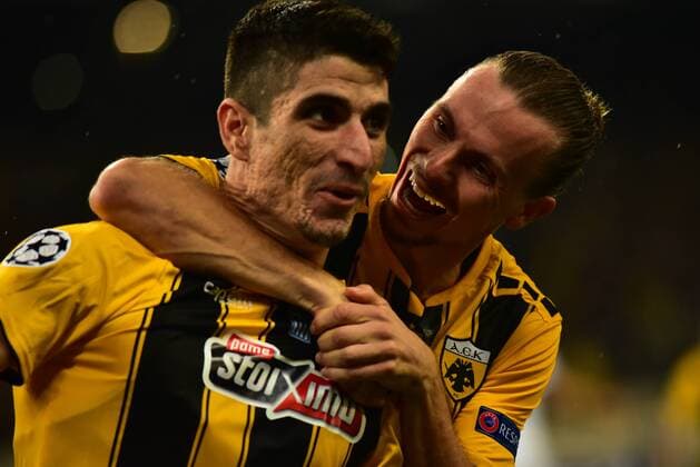 UEFA Champion League AEK vs Vidi Petros Mantalos scorer of AEK (left) and Niklas Hult (right) celebrate the goal of AEK. Athens Attiki Greece OACA Spiros Louis  DimitriosxKarvountzis PacificxPress