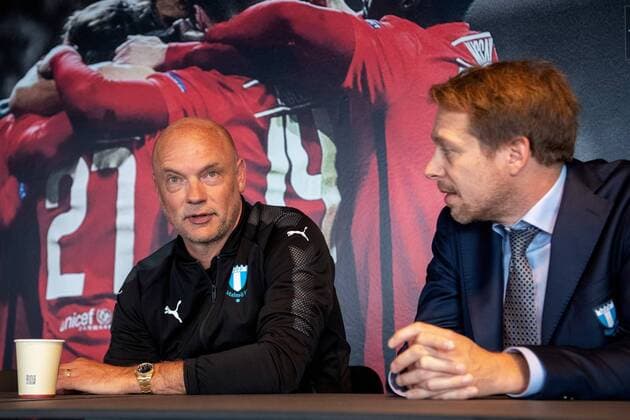 180829 head coach Uwe Rösler and Press officer Peter Ahlander of Malmö FF during a press conference PK Pressekonferenz and practice ahead of the Europa League qualifying match between Midtjylland and Malmö FF on August 29, 2018 in Herning. Photo: Ludvig Thunman BILDBYRAN kod LT 35528 Copyright: LUDVIGxTHUNMAN BB180829LT038