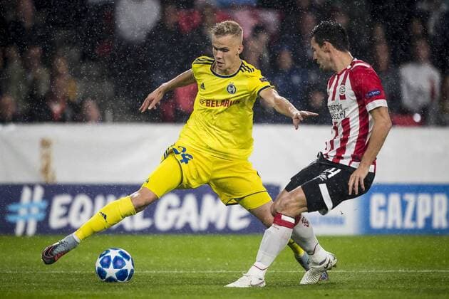 EINDHOVEN, PSV - BATE Borisov, 29-08-2018, voetbal, Champions League play-off, season 2018-2019, Philips Stadion, BATE Borisov player Jasse Tuominen (L), PSV player Nick Viergever (R) PSV - Borisov  x2432716x