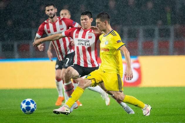 Hirving Lozano of PSV, Aleksei Rios of BATE Borisov during the UEFA Champions League play offs round second leg match between PSV Eindhoven and BATE Borisov at the Philips stadium on August 29, 2018 in Eindhoven, The Netherlands UEFA Champions League 2018 2019 xVIxVIxImagesx xTomxBodexMultimediaxIVx 11933107