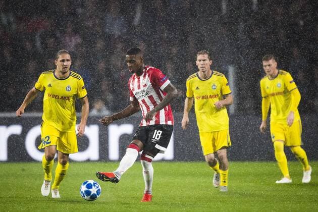 EINDHOVEN, PSV - BATE Borisov, 29-08-2018, voetbal, Champions League play-off, season 2018-2019, Philips Stadion, PSV player Pablo Rosario (2L), BATE Borisov player Maksim Volodko (L) PSV - Borisov  x2432722x