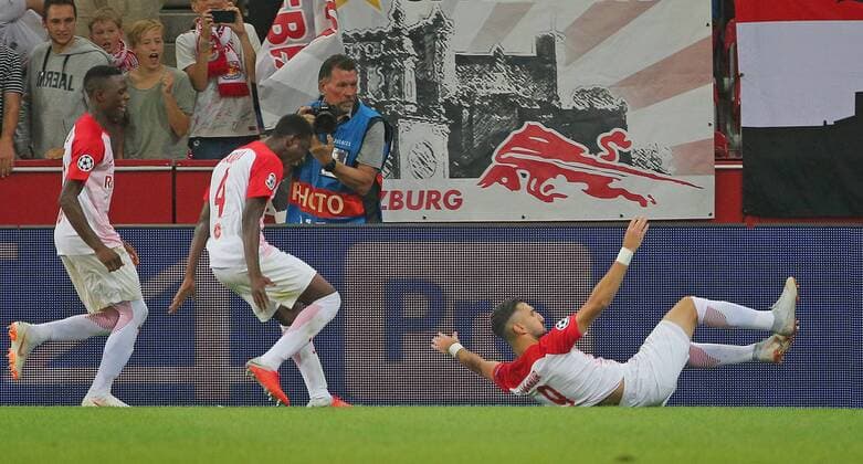 SOCCER - CL quali, RBS vs Belgrade SALZBURG,AUSTRIA,29.AUG.18 - SOCCER - UEFA Champions League qualification play-off, Red Bull Salzburg vs FC Red Star Belgrade. Image shows the rejoicing of Munas Dabbur (RBS). GEPAxpictures xThomasxBachun